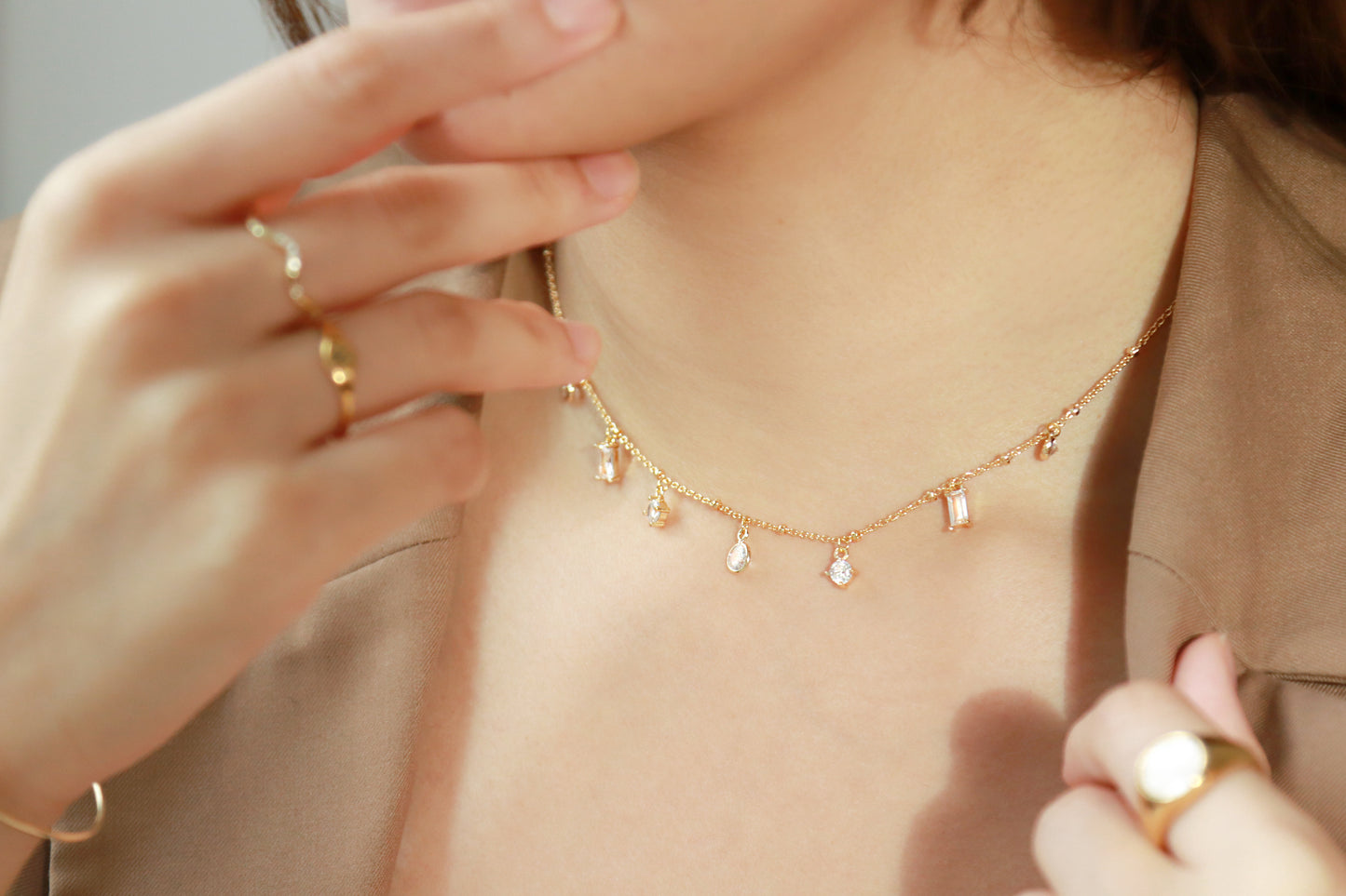 Gem Drop Necklace- Silver - Wishe19