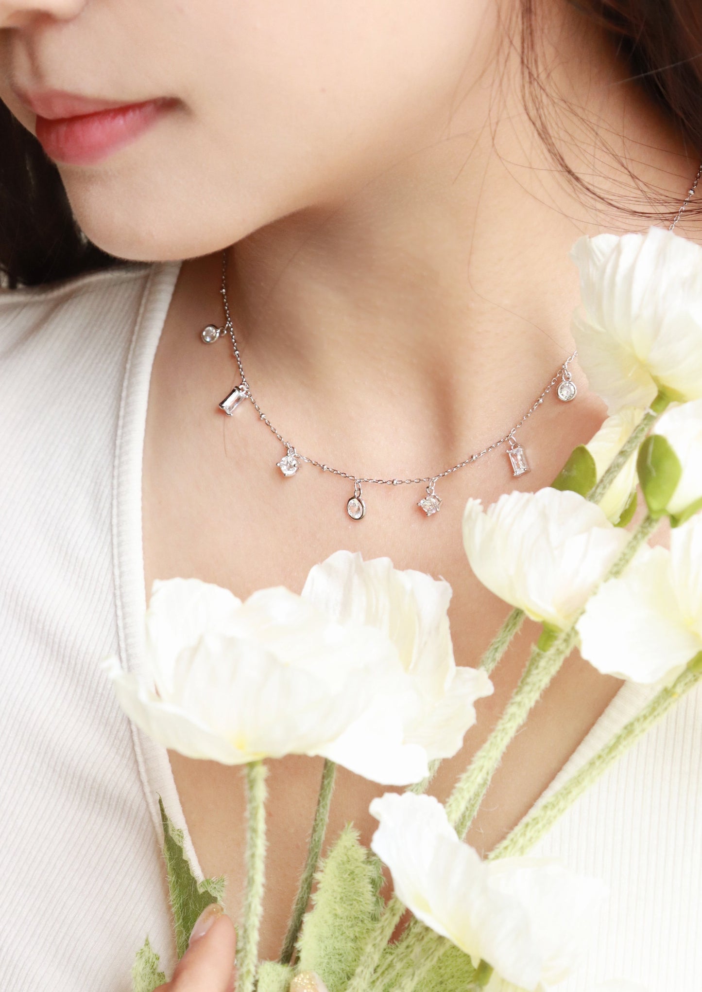 Gem Drop Necklace- Silver - Wishe19