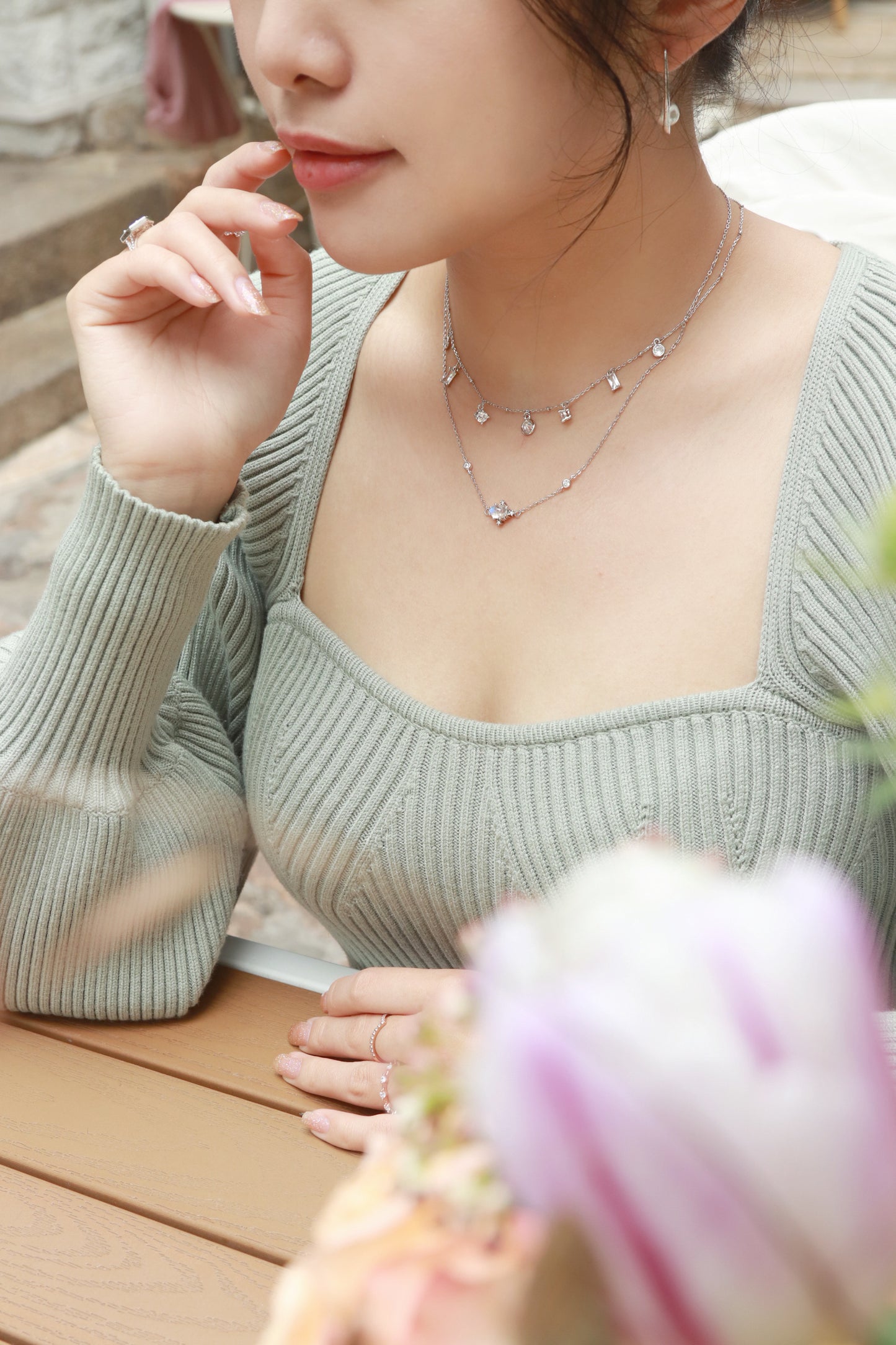 Gem Drop Necklace- Silver - Wishe19