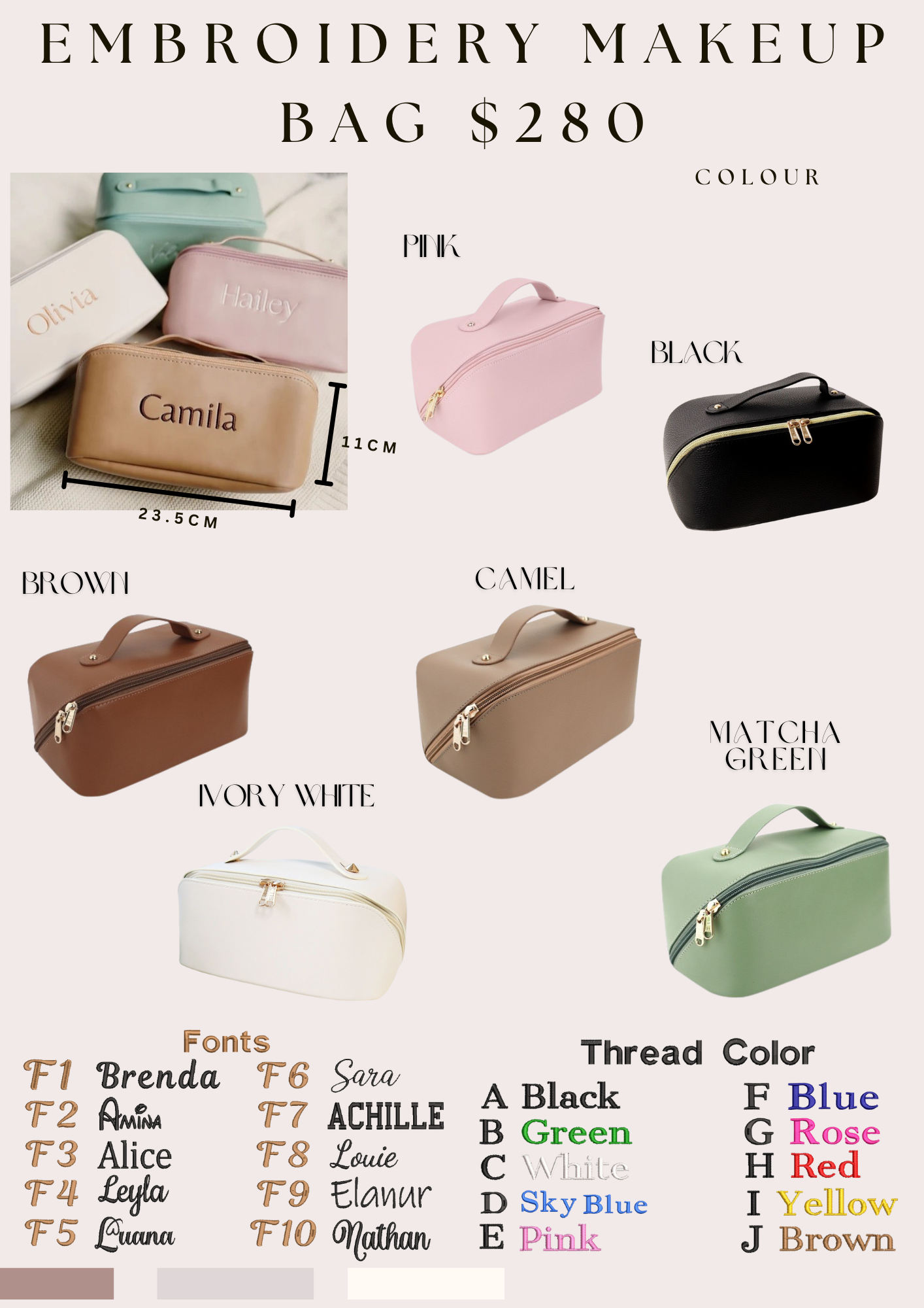 大容量刺繡化妝袋 Leather Embroidered Makeup Bag - Wishe19